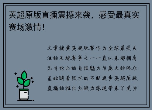 英超原版直播震撼来袭,感受最真实赛场激情! 英超原版直播震撼来袭,感受最真实赛场激情!